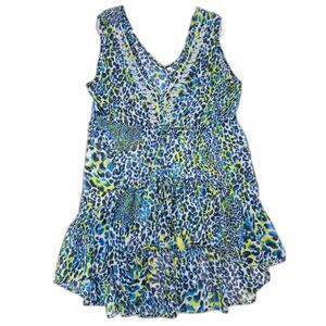 Blue Green Black Cheetah Print Sheer Trapeze Dress 2X Summer Vacation Resort